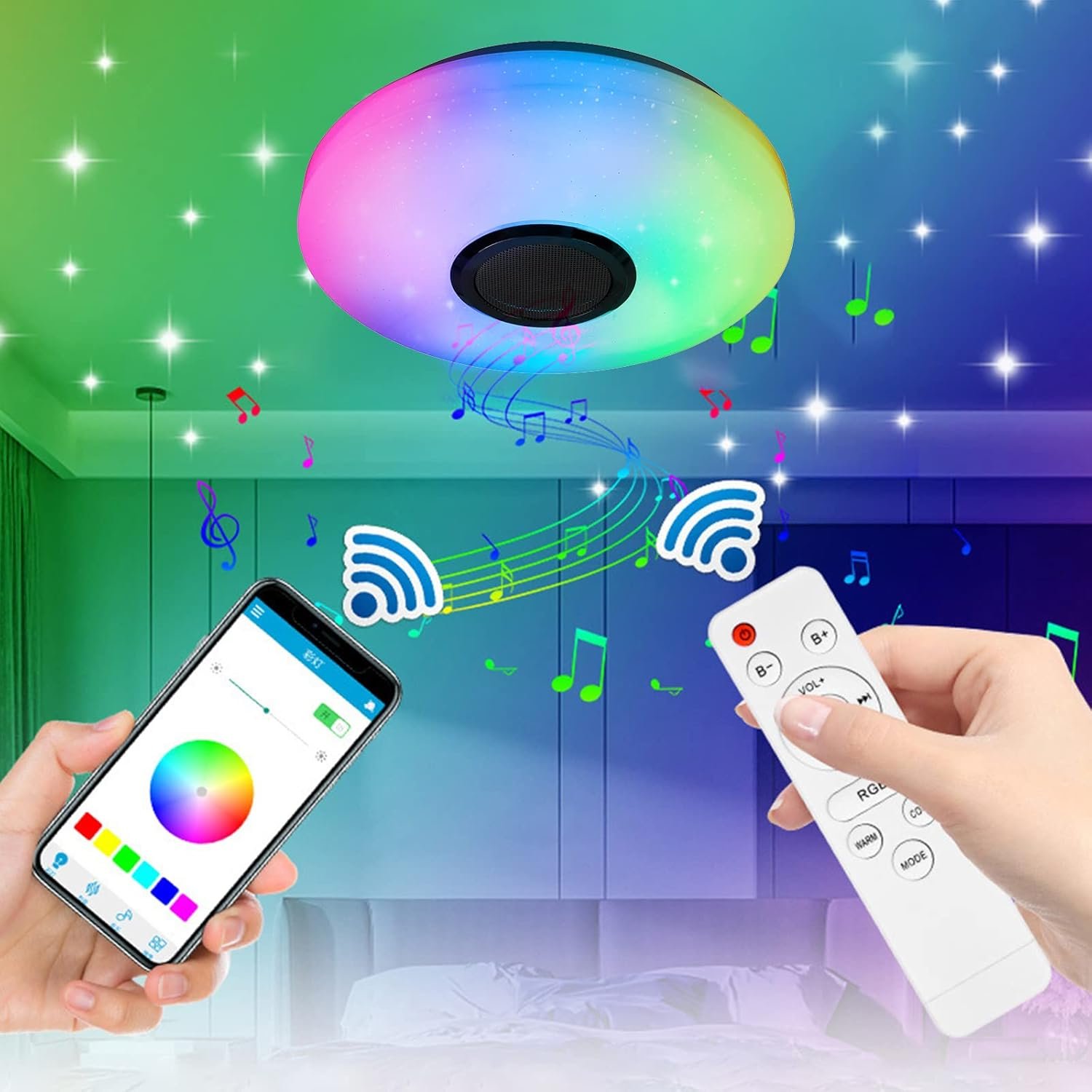 UBERSWEET® LED Music Ceiling Light with BT Speaker APP Control&Remote Control RGB LED Ceiling Lights Timing Adjustable Color for Kids Room Bedroom